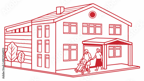 Elderly People Walking with Assistance Outside of Nursing Home