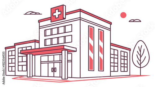 A Modern Hospital Building with a Red Cross Icon