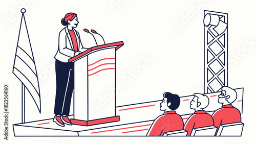Woman giving presentation from podium to attentive audience