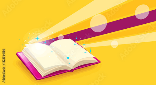 Open Book with Glowing Pages and Purple Light Beams.