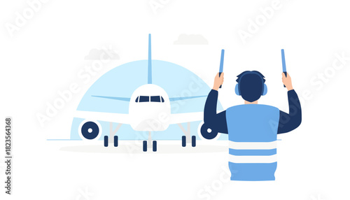 Illustration of a ground crew member guiding an airplane on the tarmac with hand signals.