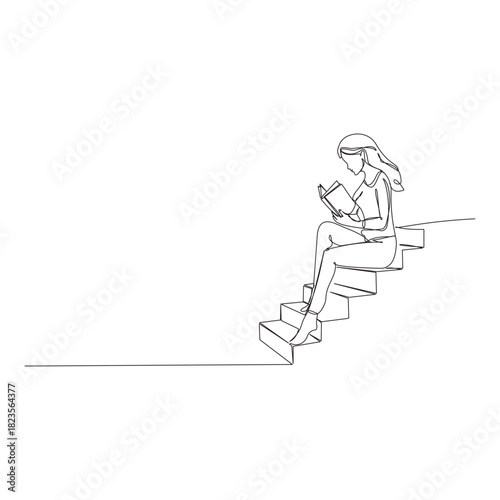 A continuous one-line illustration of a woman sitting on a staircase or steps, deeply engaged in reading a book