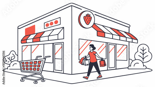 Woman walking outside with shopping bags near a supermarket