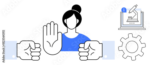 Woman raising hand to stop two opposing fists with connected science, research, and gear visuals. Ideal for teamwork, conflict resolution, innovation, equality, decision-making, leadership simple