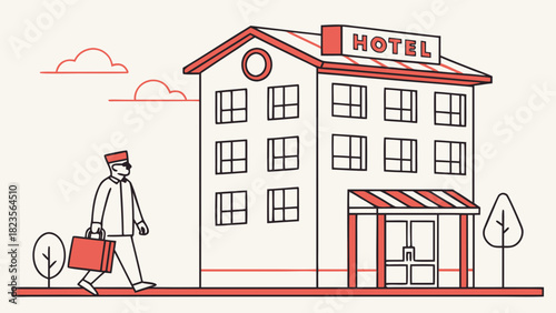 Minimalist Hotel Building Icon with Doorman in Flat Design