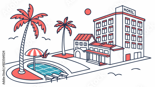 A vector illustration of a beach resort with a pool