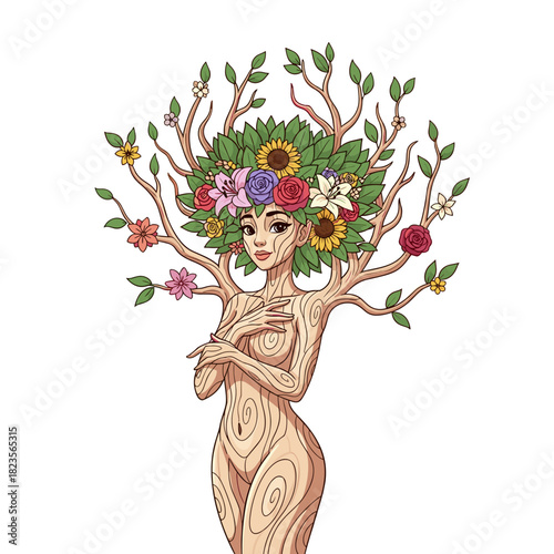 Tree Nymph With Blossom Crown Illustration