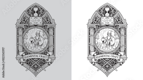 Elemental Craft Alchemist Wizard Emblem in Gothic Arch with Laboratory Vials