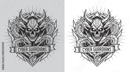 Cyber Guardians Demon Skull Emblem with Three-Headed Dragons and Spike Border
