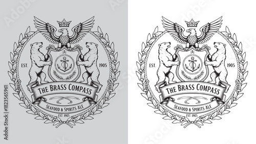 The Brass Compass Restaurant Emblem with Bear Supporters, Eagle, and Anchor