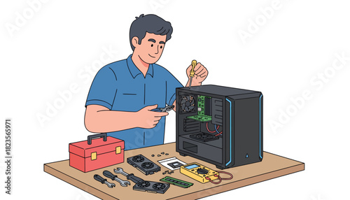 Illustration of a technician assembling a computer with various tools on a workbench in a workshop setting.