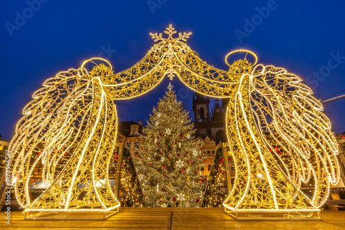 Photography Christmas Tree at Old Town Square in Prague During Advent Markets with Winter Ho