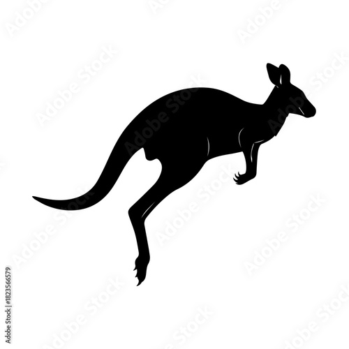 Graceful black silhouette of an Australian kangaroo leaping across a white background