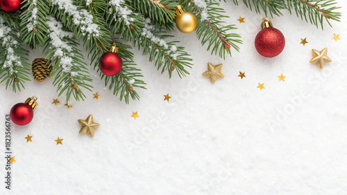 Pine branches adorned with red and gold ornaments rest on a snowy surface, surrounded by golden stars, creating a festive holiday scene perfect for celebrating Christmas.