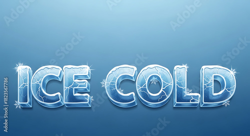 Ice cold text effect design element with frosty, frozen, and cracked ice texture on a blue gradient background