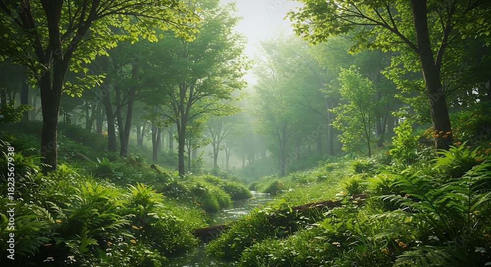 Obraz premium Lush, verdant forest scene with sunlight filtering through the dense canopy, and small stream