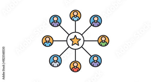 People network connected to a central hub promoting teamwork and showcasing collaboration within a team to facilitate communication and leadership