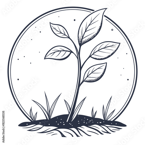 A delicate line art illustration of a young plant with leaves sprouting from the soil enclosed within a simple circular frame representing growth and nature