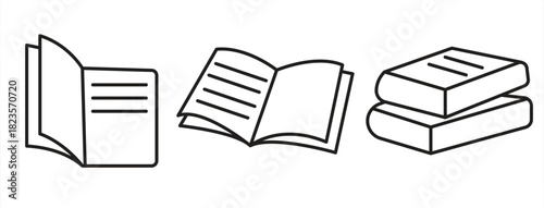 Book icons set in thin line style, representing various books, isolated on white background, vector illustration.

