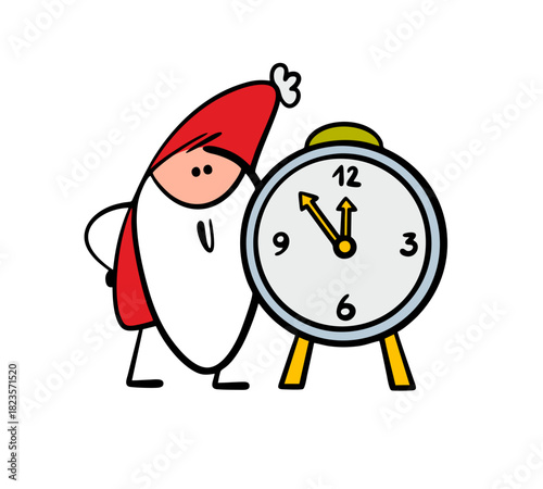 Cartoon Santa Claus and a huge clock with hands and numbers. Vector illustration of Christmas Eve or New Year's Eve. A funny fairy-tale character, a dwarf or an elf in a red doublet with a gray beard.