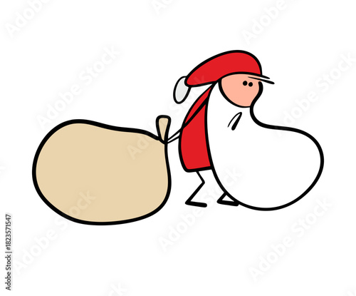 Sad Santa Claus is dragging a huge bag of gifts for the new year. Vector illustration of an old man tired of holidays. Christmas Eve and an unhappy fairy tale character with toys.