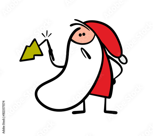 Unhappy Santa Claus broke the Christmas tree. Vector illustration of a stickman with a white beard holding a damaged toy for the new year.