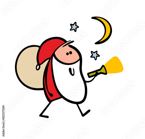 Funny Santa Claus is carrying a big bag of gifts for the holiday. Vector illustration of a stickman sneaking at night under the moon with a flashlight. New Year surprise, Christmas Eve.