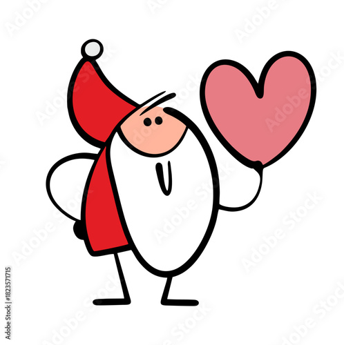 Romantic Santa Claus holds a huge heart in his hand, gives a gift for New year or Christmas. Vector illustration of a declaration of love from a fairy-tale character. Winter romance.