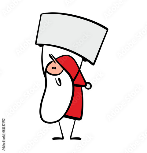 Cheerful Santa Claus has raised a banner above his head and is drawing attention to the advertisement. Vector illustration of a fairy-tale character and a place for a text or message.