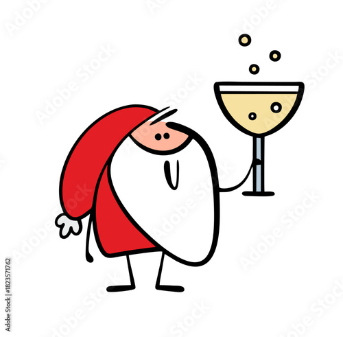 Cartoon Santa Claus raises a huge glass of champagne and says a toast to the new goal. Vector illustration of an old grandfather with a beard, Christmas and alcohol.