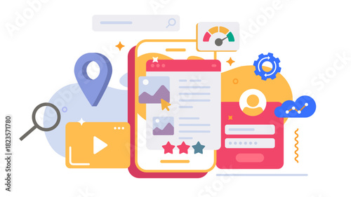 Mobile web site page layout creation builder icon on cell phone screen modern graphic illustration design, smartphone cellphone website webpage app visual content ui ux interface builder image