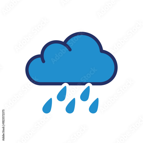 Blue cartoon cloud raining water drops, concept of rainy weather and precipitation
