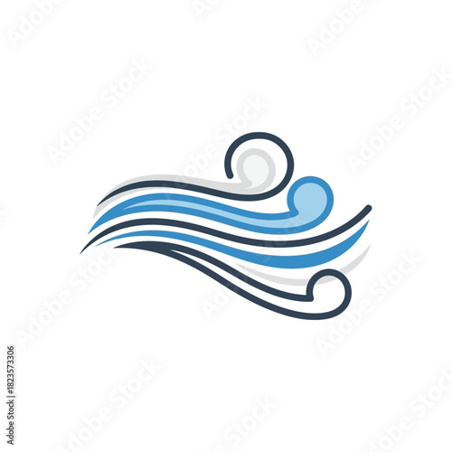 Abstract representation of wind or air flow with swirling lines in shades of blue and grey on a white background