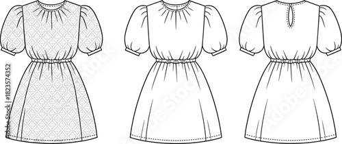 Short sleeve puff dress sketch, gathered waist fashion illustration, keyhole back detail, flat vector technical drawing, cad drawing flat vector illustration