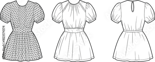 Short sleeve puff dress technical sketch, front and back view, fashion flat, garment design, sewing pattern, cad drawing flat vector illustration