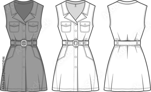 Sleeveless belted shirt dress sketch, V-neckline, chest flap pockets, button-down front, three-view layout, CAD vector template