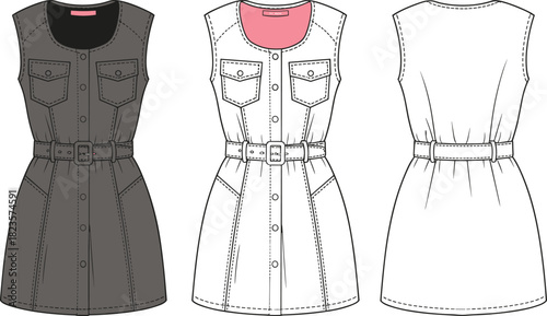 Sleeveless belted dress sketch, button-down front, chest pockets, multi-color views, CAD drawing vector fashion template