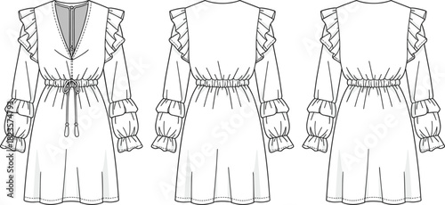 Ruffle sleeve dress sketch, V-neckline, drawstring waist, front back side view, fashion flat, CAD drawing, vector apparel template