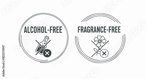 Alcohol-Free and Fragrance-Free cosmetic product label vector icons on white background