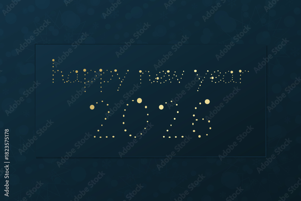 Naklejka premium Happy New Year 2026 vector greeting card. Stars and snowflake background. Blue and gold illustration for celebration, congratulation, decoration, winter holiday, web design, frame