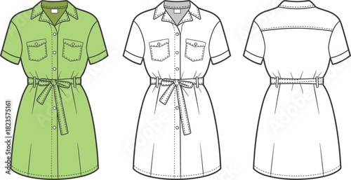 Short-sleeve shirt dress sketch with collar, chest flap pockets, belted waist, three-view layout, CAD vector fashion template