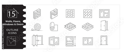 Home , Interior Icon Set ,Window, Door, Wall ,Room Vector Pack, Architecture and Construction Vector Collection.Floor, Roof, Light, Modern House Symbols, House Design & Renovation Illustration Set. 