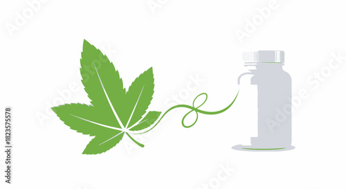 Green cannabis leaf connected to a medicine bottle vector icon isolated on white background