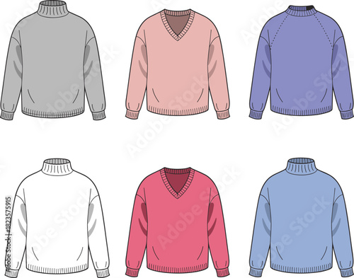 Sweater fashion illustration set, mock neck, V-neck, crew neck styles, color variation grid, CAD drawing flat vector illustration