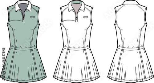 Sleeveless pleated dress fashion illustration, collared neckline, chest label detail, multi-view layout, CAD drawing vector template