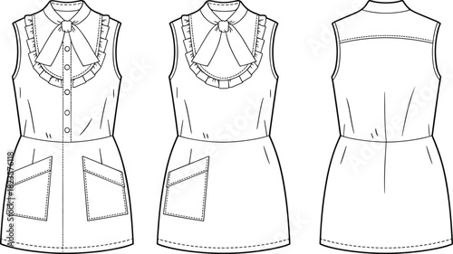 Sleeveless dress sketch with bow tie neckline, ruffle trim, patch pockets, three-view layout, CAD vector fashion template