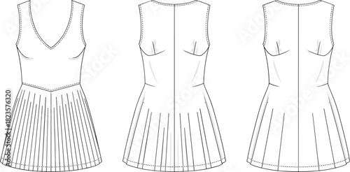 Sleeveless pleated dress fashion illustration, deep V-neckline front, high back, side view, CAD drawing flat vector illustration