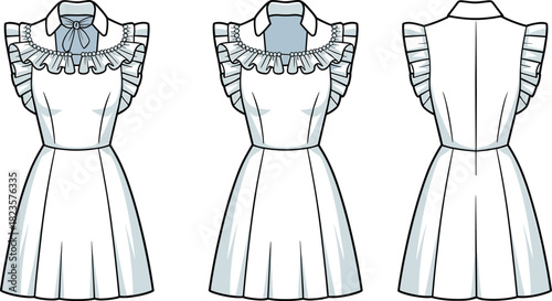 Sleeveless ruffle collar dress fashion illustration, pleated skirt, bow detail, multi-view CAD drawing vector template