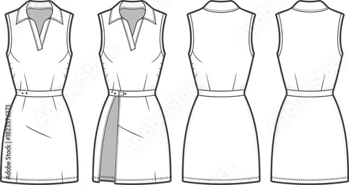 Sleeveless collared dress sketch, V-neckline, layered flap, belted waist, multi-view layout, CAD drawing vector fashion template