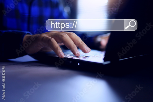 https concept with businessman searching bar laptop computer website domain to security connection with hypertext transfer protocol secure